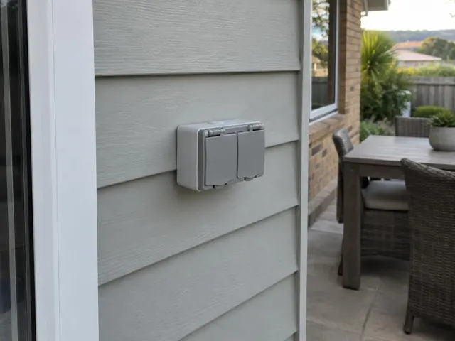 Outdoor double power point on weatherboard exterior wall beside patio furniture in Wamberal